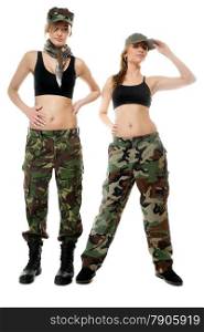 Full length two women in military clothes army girls isolated on white background.