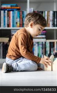 full length view of small caucasian boy little child ar home kid playing with wooden toys brick in shape of house sitting on the wooden or vinyl laminated floor alone developing creativity side view
