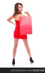Full length young elegant woman in red dress with shopping bags isolated on white background