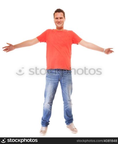 Full length young man wearing red t-shirt jeans casual fashion style arms raised isolated on white background