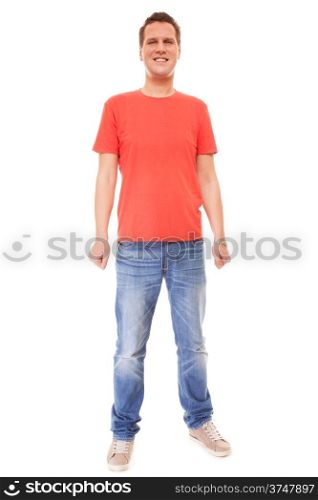 Full length young man wearing red t-shirt jeans casual fashion style isolated on white background