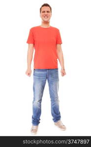 Full length young man wearing red t-shirt jeans casual fashion style isolated on white background