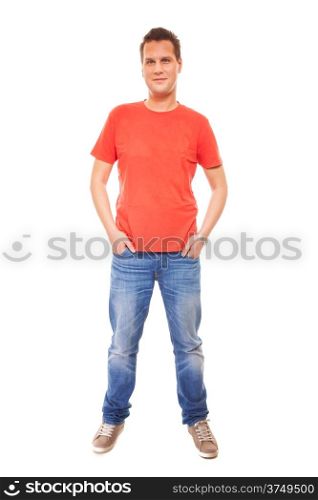 Full length young man wearing red t-shirt jeans casual fashion style with hands in pockets, isolated on white background