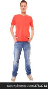 Full length young man wearing red t-shirt jeans casual fashion style with hands in pockets, isolated on white background