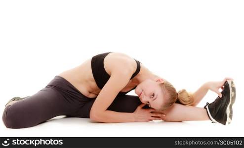 Full length young sporty woman fit fitness sport girl training doing stretching exercise isolated on white background.