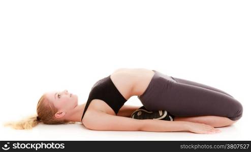 Full length young sporty woman fit fitness sport girl training doing stretching exercise isolated on white background.