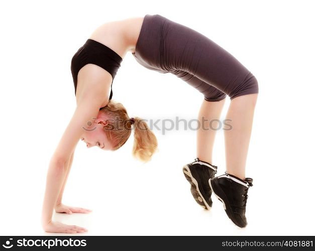 Full length young sporty woman fit fitness sport girl training doing stretching exercise, arched the back head over heels isolated on white background.