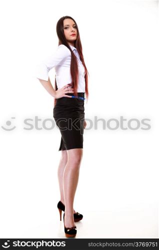 Full length young woman straight long dark hair make up posing in studio isolated on white background