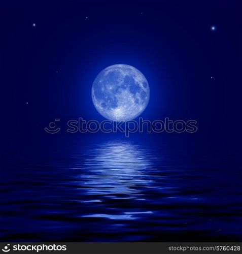 Full moon and stars reflected in the water surface. illustration