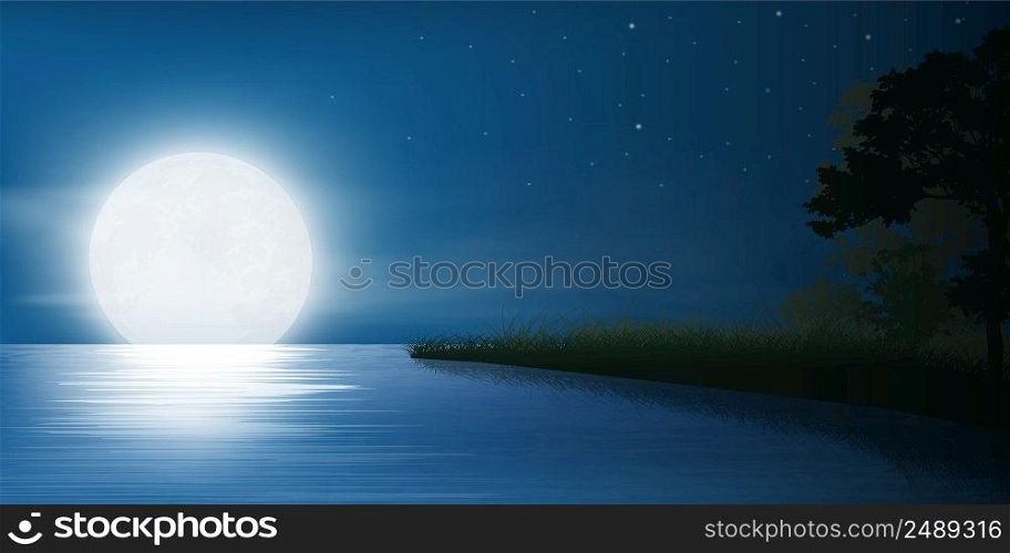 full moon night at sky and stars on calm lake, lagoon and tree background, vector illustration