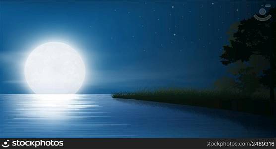 full moon night at sky and stars on calm lake, lagoon and tree background, vector illustration