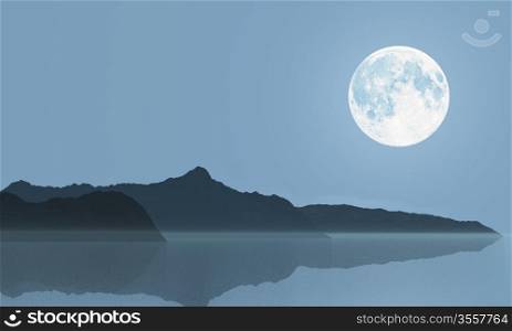 Full moon over the sea and hills. Illustration