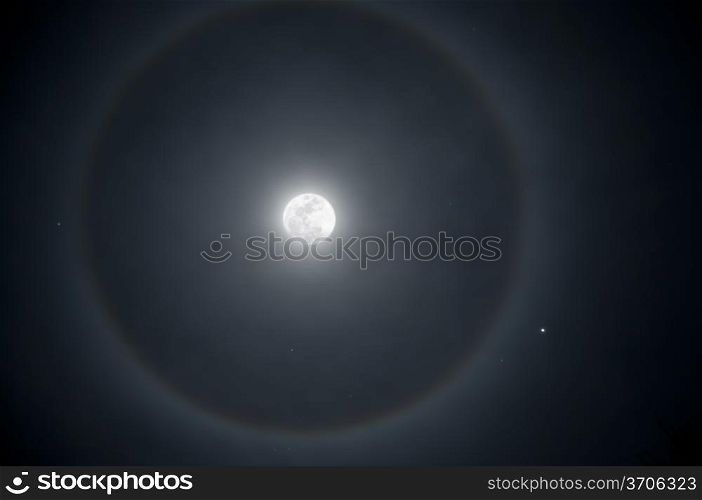 Full moon with a ring of ice in the atmosphere. A crescent moon next to a star.