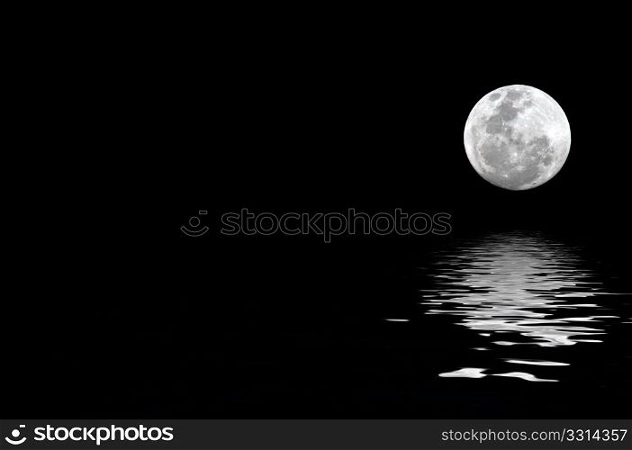 full moon with water reflection with copy space to the left