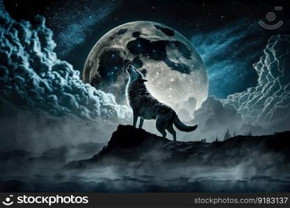 full moon, with werewolf howling at the sky in the middle of a storm, created with generative ai. full moon, with werewolf howling at the sky in the middle of a storm