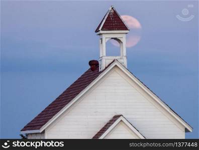 Full Pink Moon and Country Church Saskatchewan