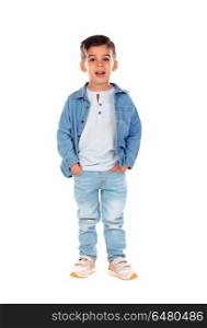 Full portrait of gipsy child with jeans. Full portrait of gipsy child with jeans isolated on a white background