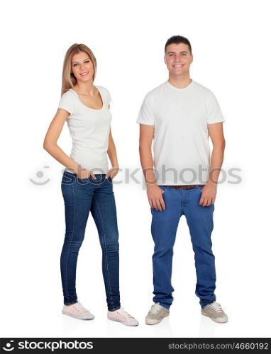 Full portrait of two young couple isolated on a white background