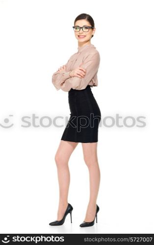 Full portrait of young beautiful woman in white shirt and black scirt standing isolated on white background. &#xA;