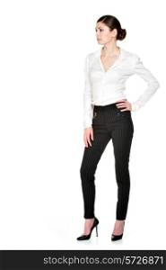 Full portrait of young beautiful woman in white shirt and black trousers standing isolated on white background. &#xA;