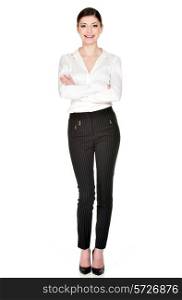 Full portrait of young beautiful woman in white shirt and black trousers standing isolated on white background. &#xA;
