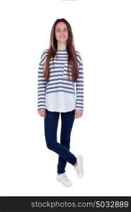 Full portrait teenager girl with striped t-shirt isolated on a white background
