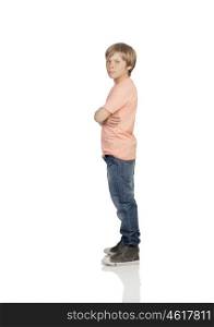 Full profile of a angry adolescent with serious gesture isolated on white background