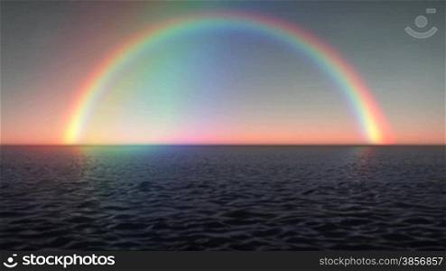Full Rainbow Over Ocean Waves and Clear Sunset Sky Animation. Great for themes of promise, hope, forgiveness, God, weather, future, goodwill, nature, cruising, travel, nature backgrounds, heaven...