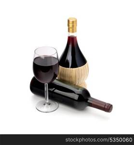 Full red wine glass goblet and bottle isolated on white background