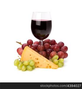 Full red wine glass goblet and grapes isolated on white background