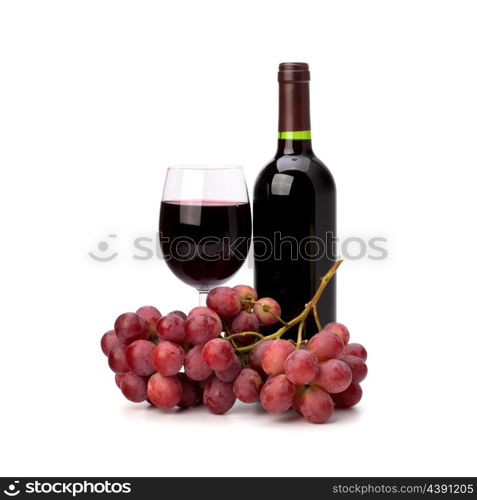 Full red wine glass goblet, bottle and grapes isolated on white background