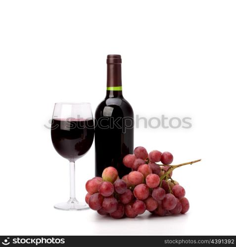 Full red wine glass goblet, bottle and grapes isolated on white background