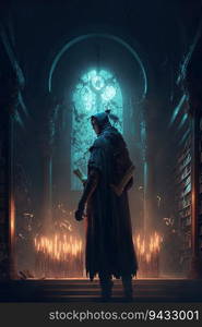  full shot body photo of massive library with a medium shot of a cu<priest,  cu<ists in hoods created by AI