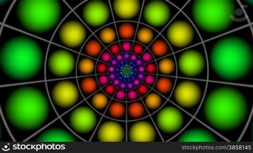 Full-spheres fly from center grouped in a ring. They come nearer and change the colors.