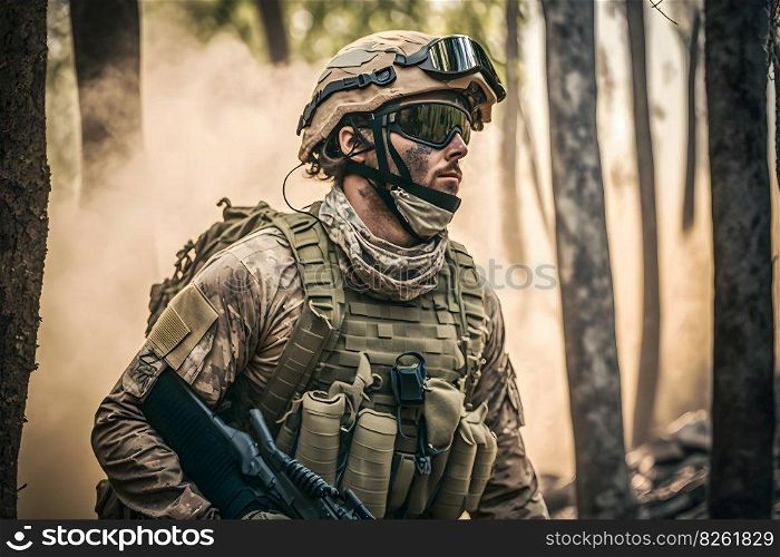 Fully equipped soldier in a camouflage uniform emerging from a puff of smoke in the middle of a pine forest. Neural network AI generated art. Fully equipped soldier in a camouflage uniform emerging from a puff of smoke in the middle of a pine forest. Neural network AI generated