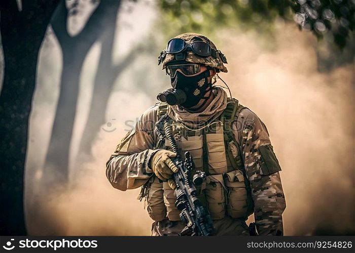Fully equipped soldier in a camouflage uniform emerging from a puff of smoke in the middle of a pine forest. Neural network AI generated art. Fully equipped soldier in a camouflage uniform emerging from a puff of smoke in the middle of a pine forest. Neural network AI generated