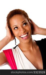 Fun face of beautiful African American business woman with big happy smile laugh and hands on head, isolated.