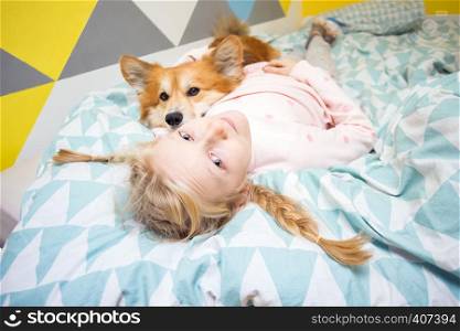 fun girl and dog corgi on the bed in the nursery play on the tablet. home schooling