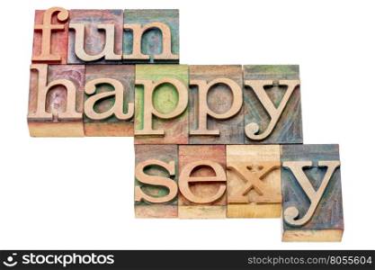 fun, happy and sexy - isolated word abstract in letterpress wood type printing blocks stained by color inks