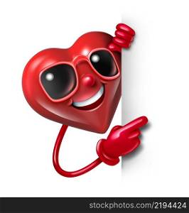Fun Heart Holding A Blank sign as a smiling happy red character with sunglasses as a fun love symbol or Valentine icon representing feelings of friendship or romantic passion isolated on a white background as a 3D illustration.