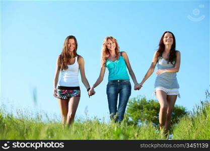 fun smile girlfriends run by green field sun is shine