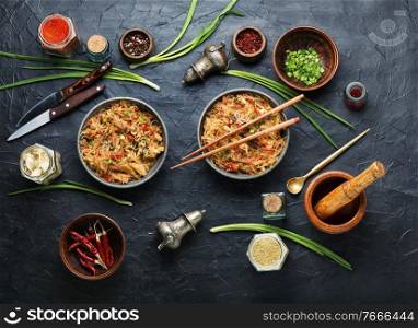 Funchoza,chinese noodles with spices and meat.Glass noodles. Funchoza or glass noodles