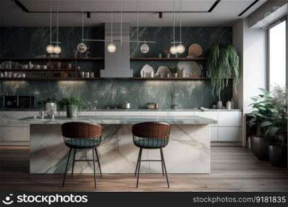 Functional and practical modern kitchen with a neutral and earthy color scheme, including a stylish marble countertop and organized appliances. AI Generative.