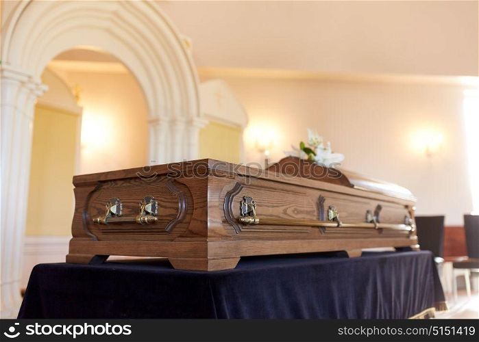 funeral and mourning concept - coffin at orthodox church. coffin at funeral in orthodox church