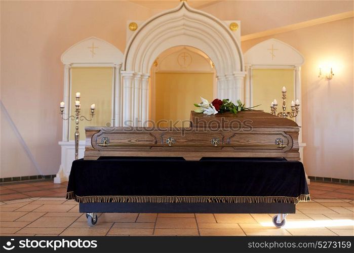 funeral and mourning concept - coffin at orthodox church. coffin at funeral in orthodox church