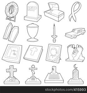 Funeral icons set. Outline illustration of 16 funeral vector icons for web. Funeral icons set, outline style