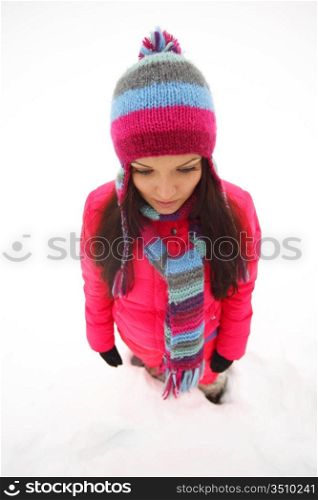 funey winter girl om snow background