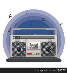 Funky 80s portable radio cassette player with music notes design.