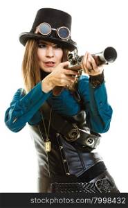 Funky girl in steampunk style.. Young steampunk islolated girl on white wearing fancy hat. Fantasy old fashion with stylish topper goggle and gun aiming.