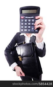 Funny accountant with calculator on white